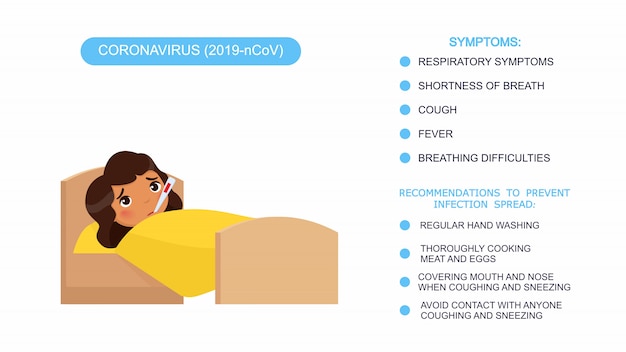 Sick little girl with thermometer in bed. infographics list of recommendations for protection against coronavirus, symptoms of coronavirus. vector illustration on a white background.