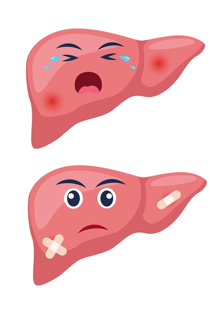 통증이나 질병이 있는 아픈 간 슬픈 만화 캐릭터 간체