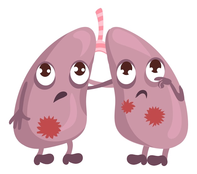 Sick lungs sad characters Respiratory disease illustration isolated on white background