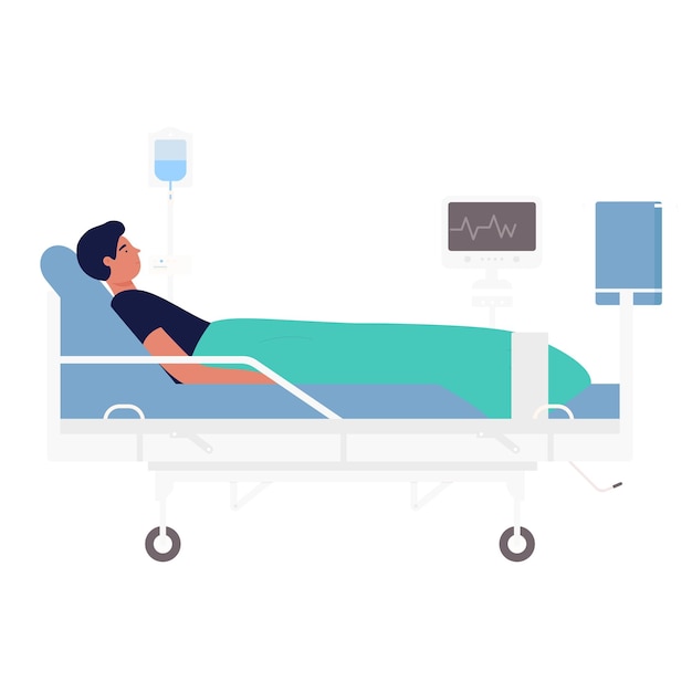 病院のベッドに横たわっている滴りの病気の男性患者