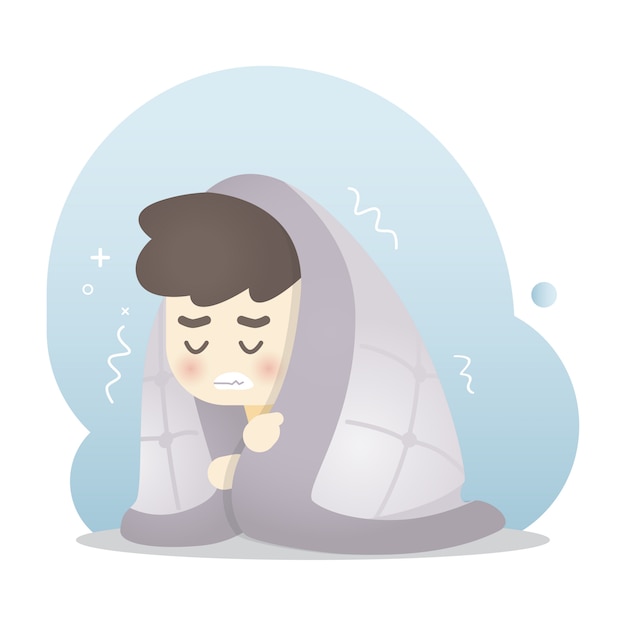 Sick man gets cold and shivering in a warm blanket