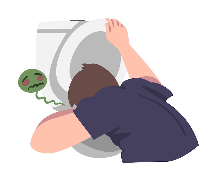 Vector sick man vomiting into toilet bowl symptom of heart stroke cartoon vector illustration