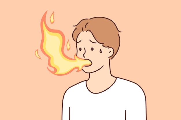 Sick man with flame coming out of mouth suffers from heartburn due to problems