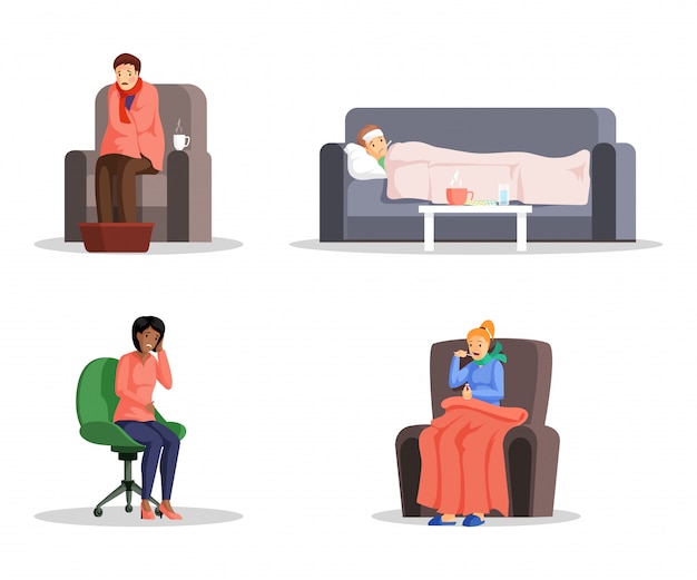 Vector sick people flat illustrations set. young men and women with cold, fever and headache cartoon characters. flu virus, disease home and medical treatment, healthcare design elements