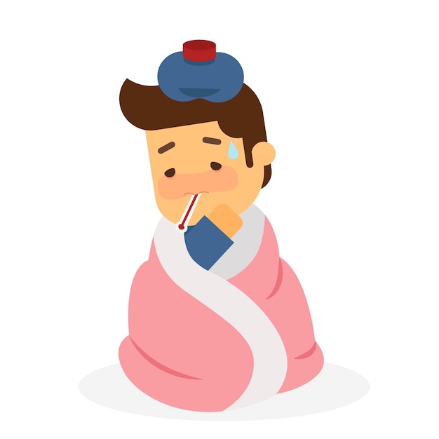 Vector sick person on bed with blanket treatment