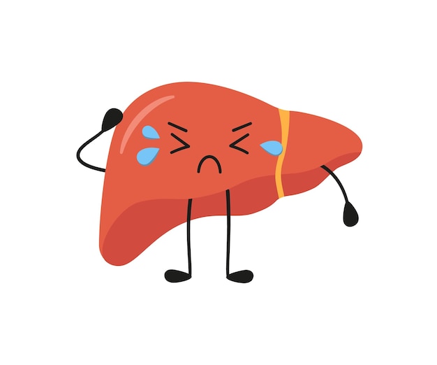 Carattere del fegato triste malato carattere del fegato kawaii illustrazione vettoriale isolata in stile piatto e cartone animato su sfondo bianco