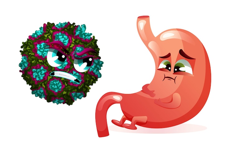 Vector sick stomach cartoon character with angry norovirus