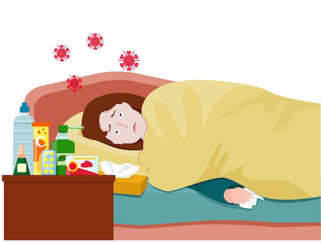 Vector a sick woman in bed with symptoms of a cold flu medicines sprays pills vitamins for treatment