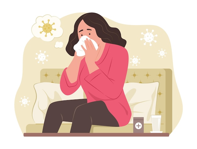 sick woman blowing nose into handkerchief for fever concept illustration