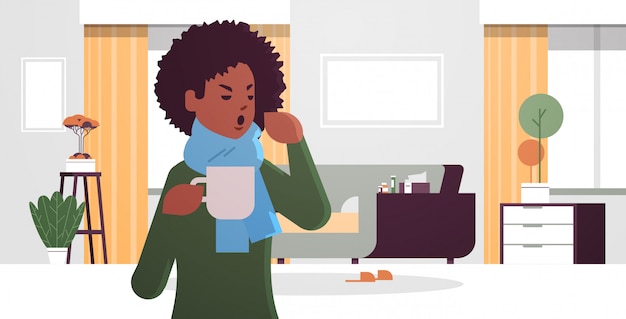 Вектор Больной женщина чихая выпивая горячий чай нездоровая афро-американская девушка в шарфе страдая от вируса холодного гриппа заболевание нутряное плоско портрет горизонтально горизонтально