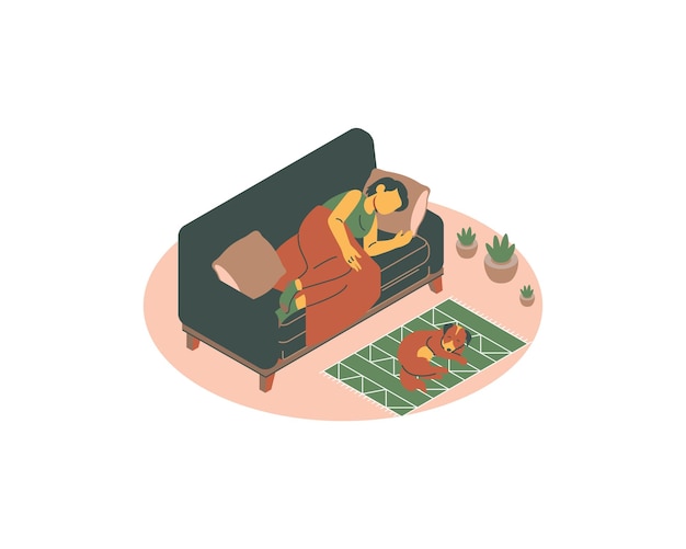 sick woman lying on the sofa with er dog at home illustration for animals adoption and fostering
