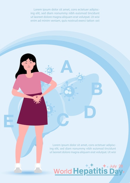 Sick woman suffering from pain in cartoon character with wording of hepatitis day and example texts on blue background World hepatitis day's poster campaign in flat style