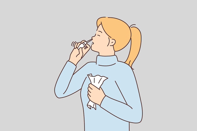 Sick woman use nasal spray