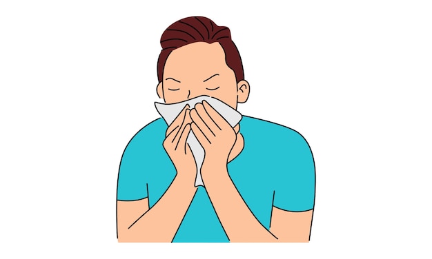 Vector sick young man sneezing into handkerchief