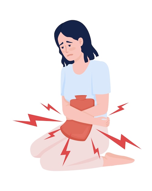 Sickly looking girl with hot water bottle semi flat color vector character