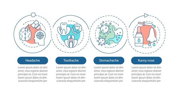 Вектор Инфографический шаблон вектора болезней головная боль зубная боль в животе насморк визуализация данных с четырьмя шагами и вариантами график графика процесса схема рабочего процесса