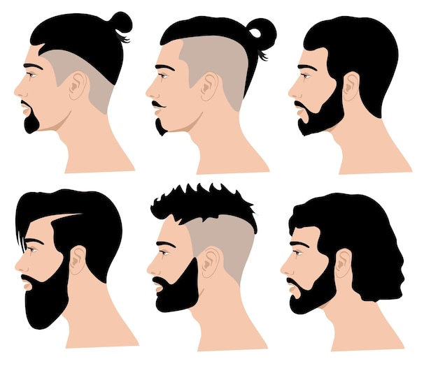 Vector side bearded face hairstyles and beards men profiles caucasian portraits of manly handsome persons