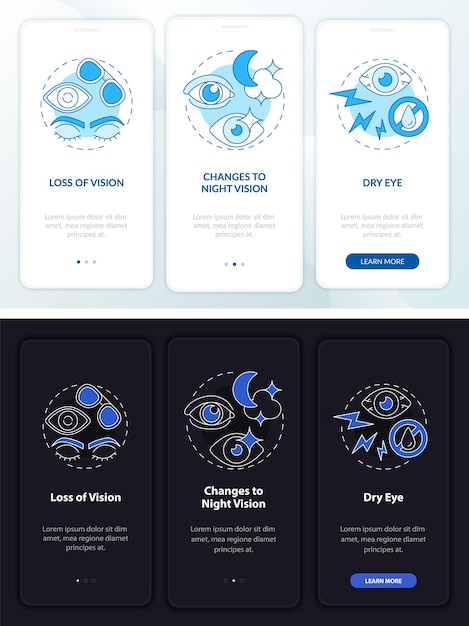 Side effects white, black onboarding mobile app page screen. Eye surgery walkthrough 3 step graphic instructions with concepts. UI, UX, GUI vector template with linear night and day mode illustrations