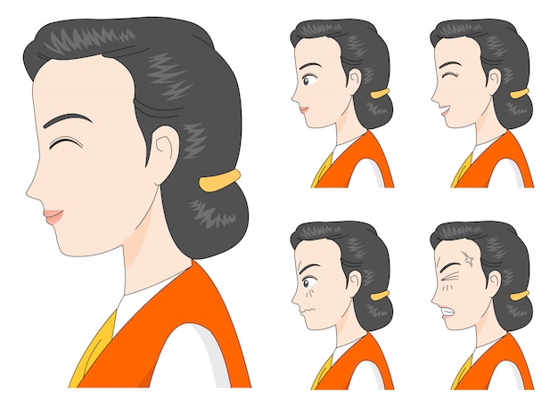 Vettore faccia laterale di un impiegato femminile, illustrazione varie espressioni.