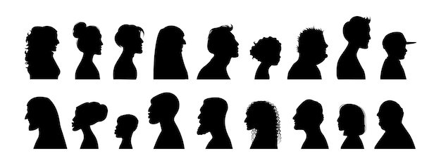 Vector side of people faces human head profiles black silhouette old man and child woman or girl persons baby boy adult portraits different haircuts neck and shoulder vector icons set