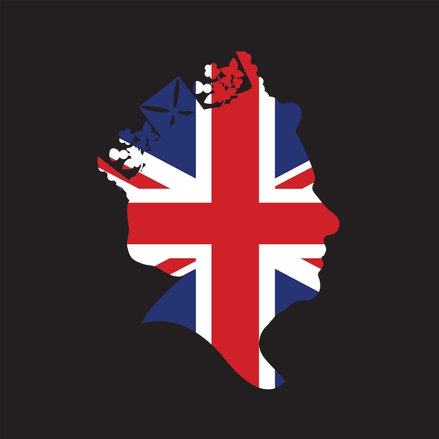 Vector side profile silhouette of queen elizabeth wearing a crown with union jack flag