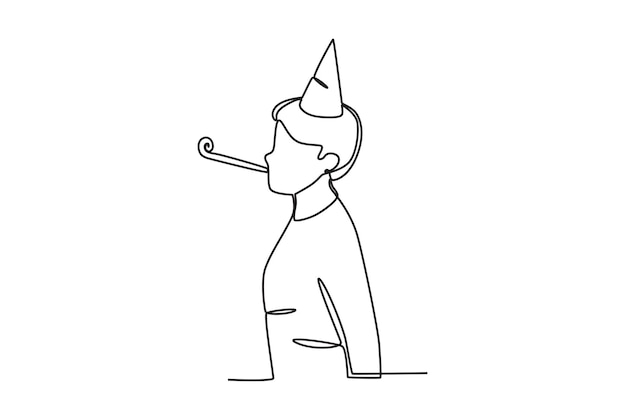 Vector side view of a boy blowing a trumpet new years eve oneline drawing