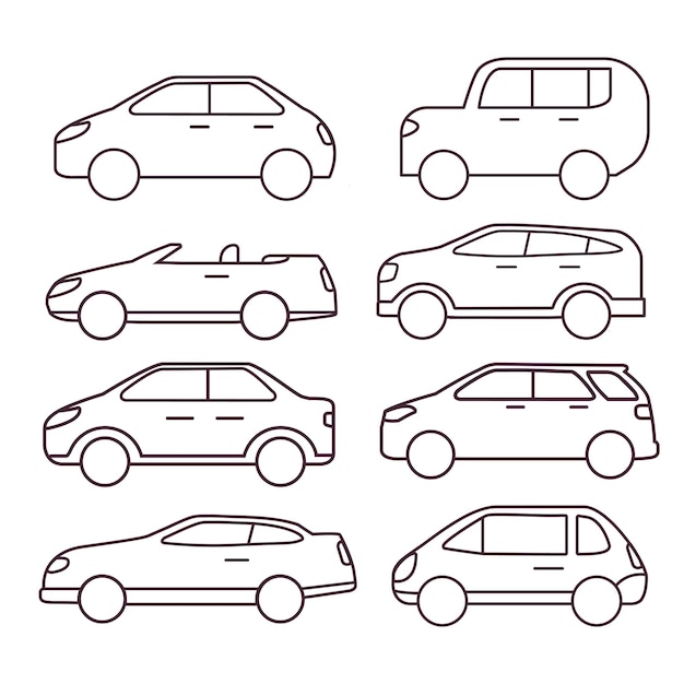 Вектор Боковой вид автомобиля символы автотранспорта седан внедорожник кабриолет хетчбек