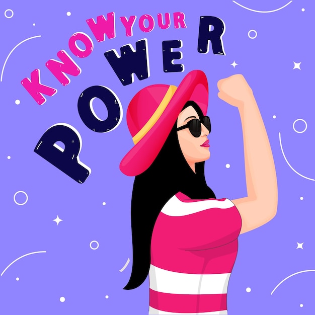 Vector side view character of beautiful young strong girl saying know your power on purple background can be used as womens day greeting card