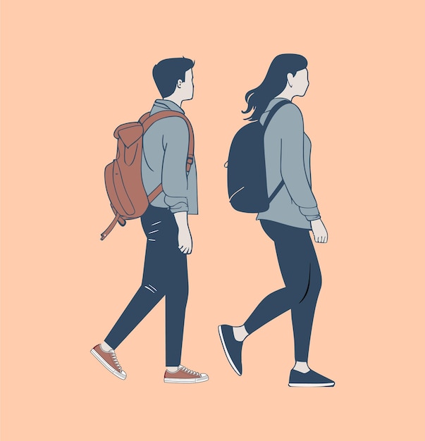 Side view of a college students walking with backpack