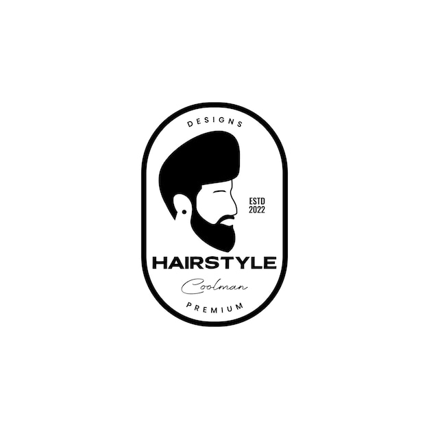 Side view cool man bearded with hair style unique badge vintage logo design vector