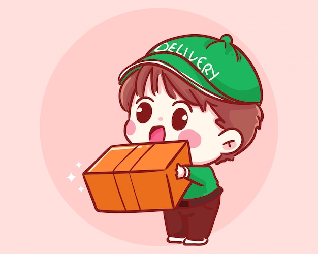 Premium Vector | Side view delivery boy holding box. delivery concept  cartoon art illustration