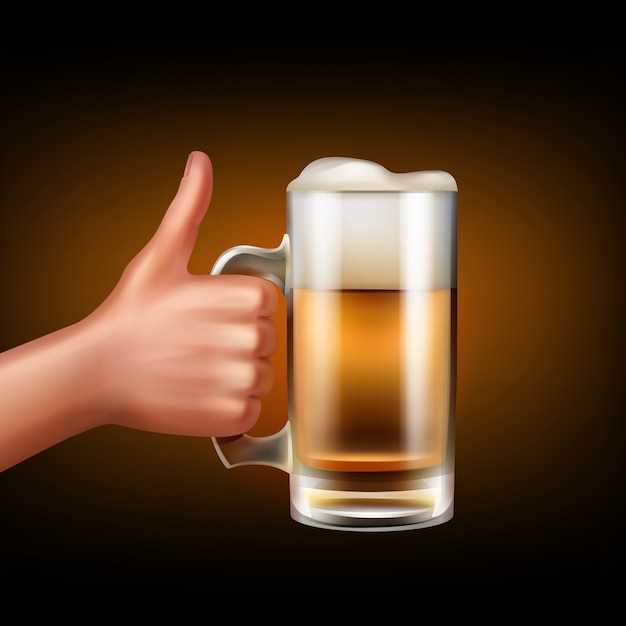 Side view of hand hold mug full of beer