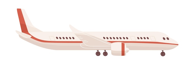 旅客機または下部構造のある航空機の側面図。白い背景で隔離の飛行機のプロファイル。舷窓、翼、エンジンと飛行機のフラット漫画ベクトルイラスト。