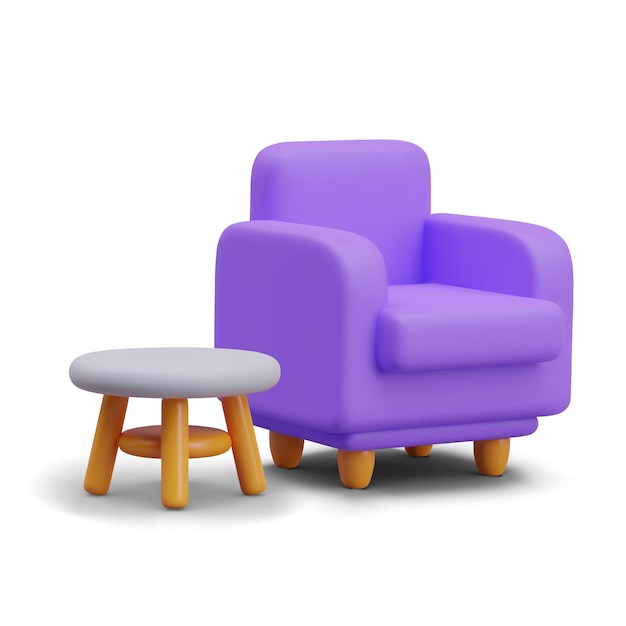 side view on purple soft armchair and small table collection with furniture for online store