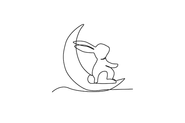 Side view of a rabbit sitting on a crescent moon Midautumn oneline drawing