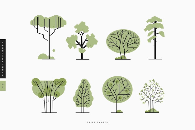 緑のグラフィックスの木要素の側面図セットは、建築と景観設計の自然なアイコン ベクトル図を描くためのアウトライン記号です。
