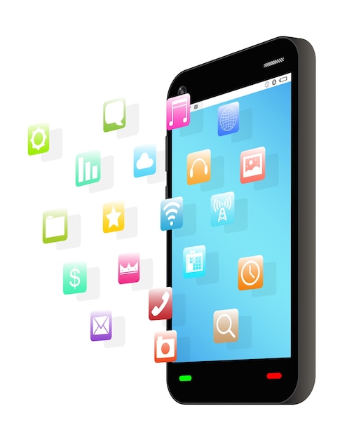 Vector side view of smartphone with floating application icon