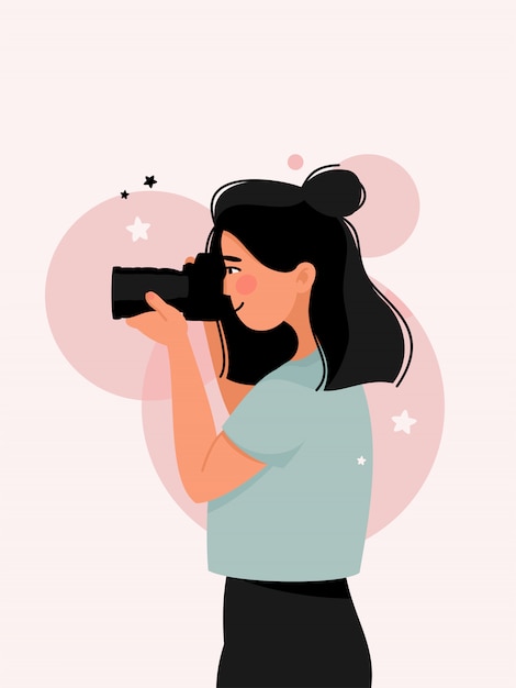 Vector side view of woman photographs with a camera