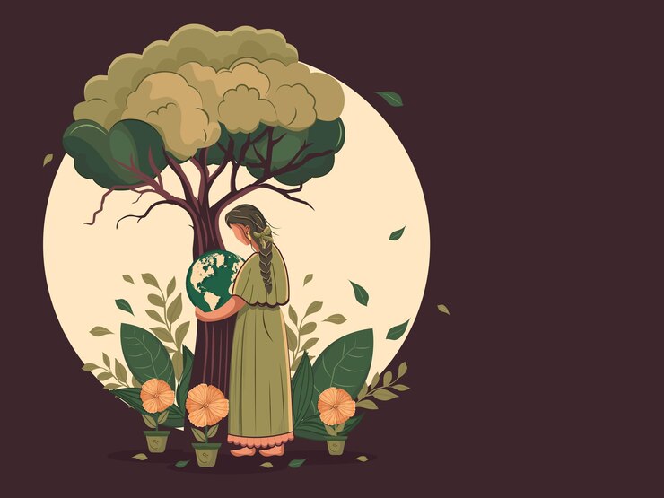 वेक्टर side view of young girl character holding earth globe under the tree with floral plant pots decorated background and copy space