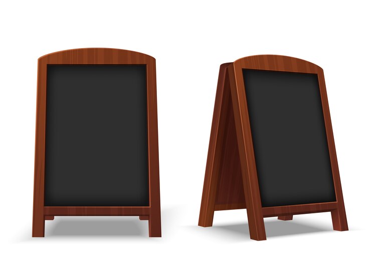 Vector sidewalk chalkboard. outdoor restaurant blackboard with wood frame. empty cafe texting easel 3d vector isolated mockup