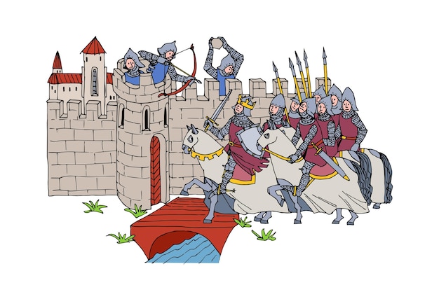 The siege of a medieval city. Storming the fortress. The conqueror king with a cavalry.