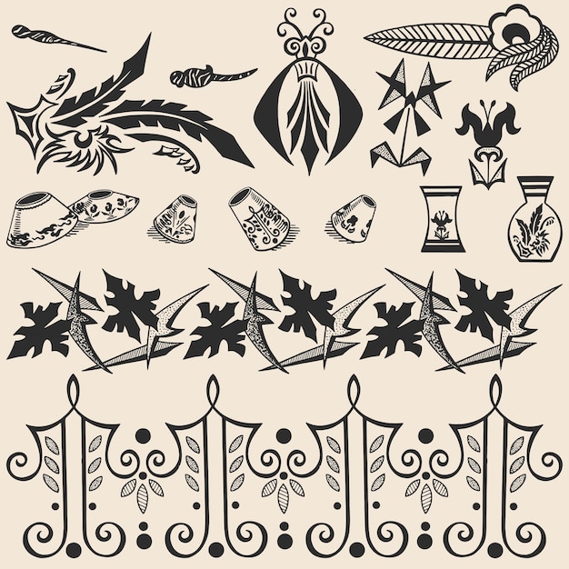 Sier klassieke patroon texturen art nouveau oosterse vector illustraties iconen set 1