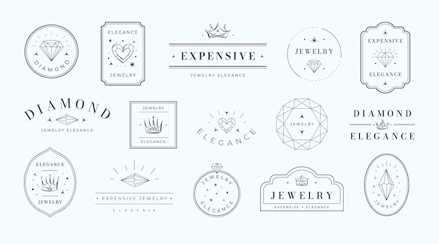 Vector sieraden emblemen elegantie diamant label sjabloon luxe edelsteen embleem en premium minimalistische frame vector set