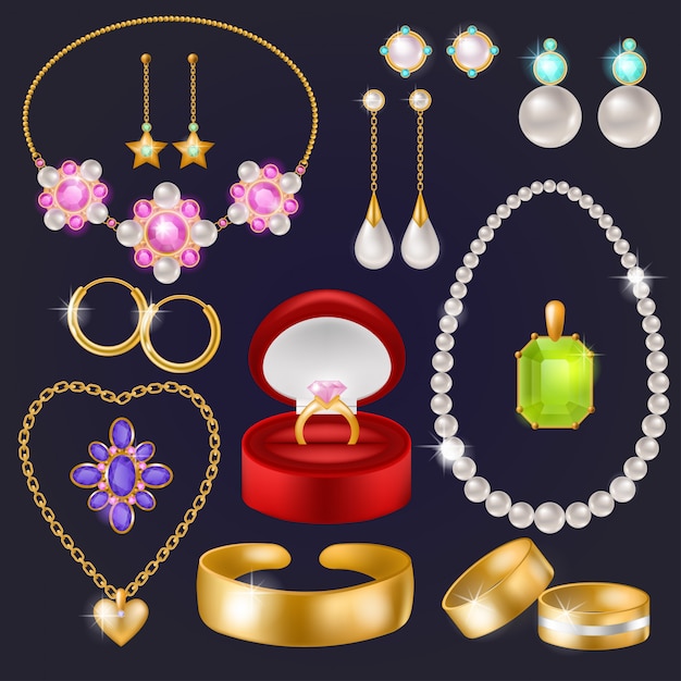 Vector sieraden vector sieraden gouden armband ketting oorbellen en zilveren ringen met diamanten set illustratie van dames juweel accessoires geïsoleerd
