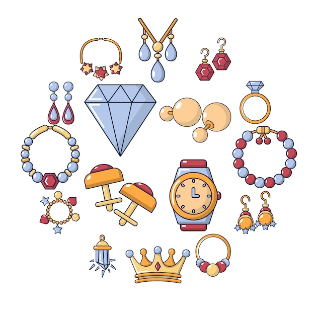 Vector sieraden winkel icon set, cartoon stijl