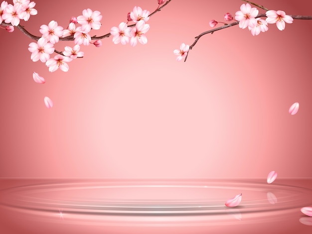 Sierlijke kersenbloesem achtergrond, sakura takken en vallende bloemblaadjes op het wateroppervlak in illustratie, romantisch behang voor