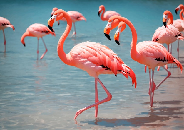 Sierlijke roze flamingo die waadt