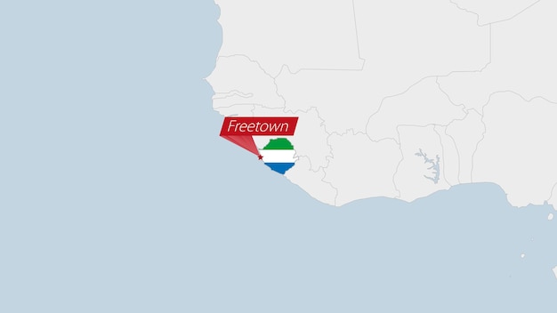 Sierra Leone-kaart gemarkeerd in Sierra Leone-vlagkleuren en pin van de hoofdstad Freetown