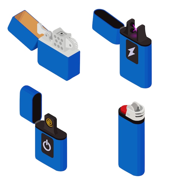 Sigarettenaansteker iconen set, isometrische stijl