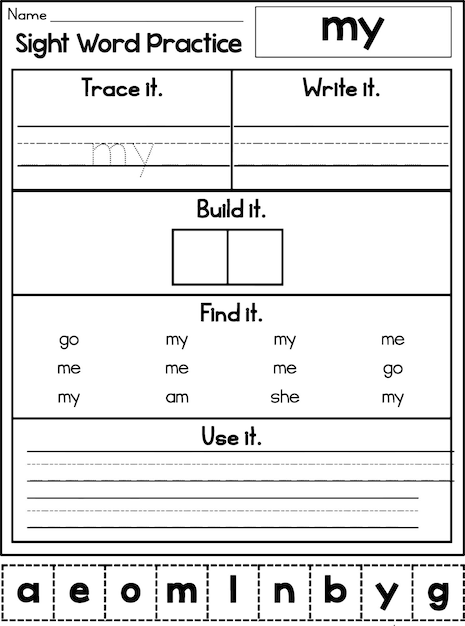 Sight Word Практикуйтесь, отслеживайте его, записывайте, стройте, находите, используйте